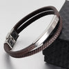 Men's Black Genuine Leather Double-Layer Braided Bracelet with Stainless Steel Accent – Sizes 18.5/20.5/22 cm (7.3/8.1/8.7 in)