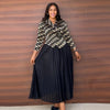 Plus Size Pleated Two-Piece Look Ankle-Length Dress - Long Sleeve Elastic Waist for Office & Casual