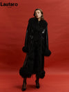 Lautaro Women's Long Black Patent PU Leather Coat with Faux Fur Trim, Belted Turn-Down Collar