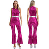Women's 70s Disco Metallic Jumpsuit – Retro Hippie Bell-Bottom with Tiered Flare Sleeves, Back-Zip Party Costume