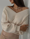 Oversized V-Neck Knit Sweater for Women - Vintage Solid Loose Pullover, Korean Casual Long Sleeve Jumper