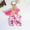 Pink Dried Flower Resin Initial Keychain with Butterfly Tassel A-Z Letter Keyring for Women Valentine's Gift
