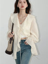 CHIC VEN Women's Loose V-Neck Lace-Up Ruffle Blouse, Mid-Length Casual Shirt with Butterfly Sleeves