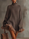 Women's Turtleneck Ruffle Sweater Dress Oversized Knitted Mini Long Lantern Sleeves Autumn Winter