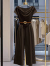 Elegant Satin Jumpsuit with Pile Collar and Wide Legs - European American Style for Women