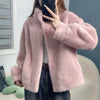 Women's Stand Collar Faux Fur Patchwork Jacket, Short Leather-Style Outerwear, Long Sleeve Autumn Winter Coat