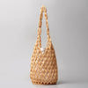 Woven Hollow-Out Bucket Shoulder Bag with Wooden Bead Handle - Netted Canvas Beach Tote for Women