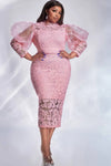 Plus Size Pink Lace Midi Dress with Puff Sleeves, Empire Waist Sheath for Wedding Guest and Cocktail