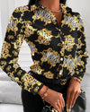 Women's Long Sleeve Turn-Down Collar Blouse - Square Print (Chain, Floral, Letter, Geometric)