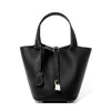 Genuine Leather Litchi-Texture Mini Bucket Shoulder Bag with Lock - Soft Tote Handbag for Women
