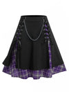 Plus Size Gothic Plaid Pleated Skirt High-Waist Lace-Up Chain Detail Layered Knee-Length Up to 5XL