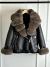 Women's Faux Leather Shearling Coat with Large Fox Fur Collar - Warm PU Moto Biker Jacket
