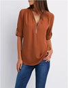 Women's Summer Loose Chiffon Blouse Deep V-Neck Zipper Pullover Casual Plus Size