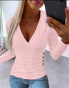 Women's V-Neck Button Knit Pullover - Autumn Long Sleeve Casual Sweater