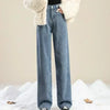 Women's High-Waist Wide-Leg Fleece Jeans — Korean Style Thick Straight Ankle-Length Pants