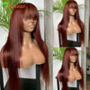 Reddish Brown Body Wave Wig with Bangs, 13x6 Lace Frontal, Brazilian Remy Human Hair, 26+ in (66+ cm)