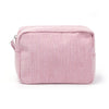 Seersucker Ruffle Makeup Bag — Pink & Purple Striped Zipper Pouch for Travel & Toiletries