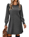 Women's Knit Puff Sleeve A-Line Dress with Pockets, Long Sleeve O-Neck Knee-Length Casual