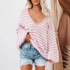 Women's Korean V-Neck Pullover Sweater - Loose Striped Knit Jumper