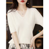 Women's V-Neck Short Sleeve Knit Top - Slim Casual Korean Pullover for Spring/Summer (Poly Cotton)