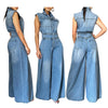 Washed Denim Sleeveless Jumpsuit for Women – Lapel Collar Button Front, High-Waist Wide-Leg Ankle-Length Streetwear