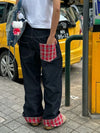 Women's Retro Plaid Patchwork Rolled-Edge Wide Leg Jeans - Harajuku Streetwear Loose Straight-Leg