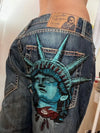 Statue of Liberty Diamond Embroidered High-Waist Straight Wide-Leg Denim Jeans - Harajuku Vintage