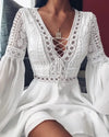 Chiffon Lace Ruffle Patchwork A-Line Mini Dress V-Neck Long Sleeve Slim Fit (White, Black, Red)