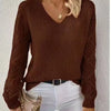 V-Neck Hollow-Out Knitted Jacquard Sweater – Women's Long Sleeve Casual Pullover for Autumn/Winter