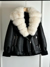 Women's Faux Leather Shearling Coat with Large Fox Fur Collar - Warm PU Moto Biker Jacket