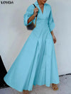 Plus Size 5XL V-Neck Long Sleeve A-Line Maxi Dress with Ruffled Hem - Solid Work & Party Dress