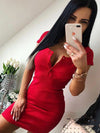 Summer Women's Knit V-Neck Mini Dress – Casual Short Sleeve Button Front Bodycon Sheath