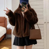 Women's Short Patchwork Faux Fur Jacket with Fox Fur Stand Collar, Slim Fit Autumn/Winter Coat