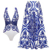 Women's Long Sleeve Majolica Print Bikini Set with High-Waist Skirt - Wire-Free Padded Beach Swimsuit