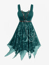 Plus Size Gothic Sun Moon Star Midi Dress - Lace-Up Grommet Sleeveless with Belt & Chain
