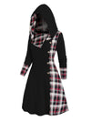 Women's Plaid Knitted Hooded A-Line Dress with Faux Buckle, High-Waist Long Sleeves