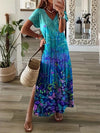 Women's Summer Boho V-Neck Printed Split Ankle-Length Dress Loose Resort Beach Evening