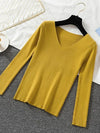 Women V-Neck Knitted Pullover Sweater — Slim Fit Long Sleeve One Size Autumn/Winter
