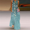 Vintage Print Boho Maxi Dress – Sleeveless V-Neck A-Line Beach Sundress with Pockets