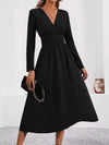 Women's Knit V-Neck Long Sleeve Midi Maxi Dress with Shirred Waist - Fall/Winter Solid Color