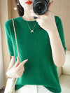 Women's Short-Sleeve Knit O-Neck Pullover - Wool-Cotton Blend Lightweight Summer Top