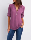 Women's Loose V-Neck Chiffon Blouse with Zipper Pullover — Casual Plus Size