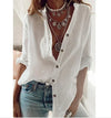 Women's Linen Chiffon V-Neck Button Long Sleeve Shirt Casual Loose Commuter Top