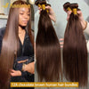 Chocolate Brown Brazilian Remy Straight Human Hair Bundles 100% Raw Weft Extensions