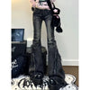 Retro Ruffled Wide-Leg Denim Jeans for Women — Mid-Rise Slimming High-Stretch Mop-Hem Flare Pants