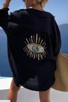 Women's Sequin Evil Eye Long Sleeve Cotton-Blend Blouse - Loose Summer Casual Turn-Down Collar