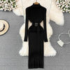 YUOOMUOO Turtleneck Wrap Midi Knit Sweater Dress with Belt - Long Sleeve Bodycon, Autumn/Winter, One Size