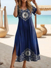 Plus Size V-Neck Butterfly Print Dress - Short Sleeve Split Hem Summer Beach Dress