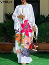 Plus Size Bohemian Satin Maxi Dress - Long Sleeve Floral Print, Lantern Sleeves, Ankle-Length