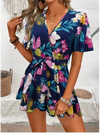 Printed V-Neck Short Sleeve High-Waist Jumpsuit for Women - Loose Beach Vacation Summer Outfit